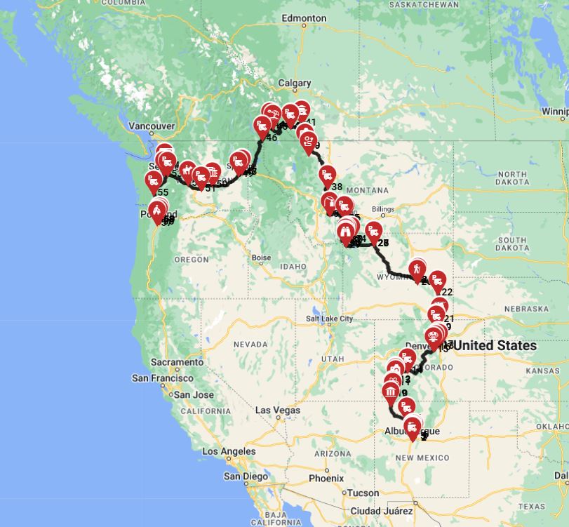 Motorhome trip route from Albuquerque to Portland
